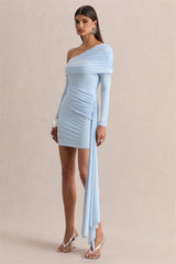 Diagonal Collar Ruched Draped Mini Dress
