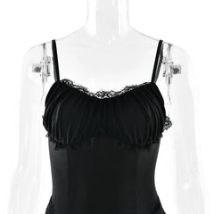 Black Lace Trim Spaghetti Strap Maxi Dress