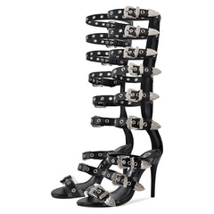 Gladiator Round Toe Hollow Buckle Strap Thigh High Stiletto Heels