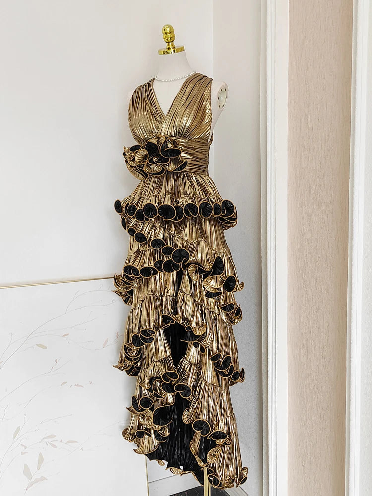 Metallic maxi dress styled for statement evening events