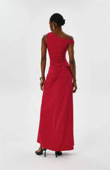 Red One-Shoulder High Split Metal Decor Maxi Dress