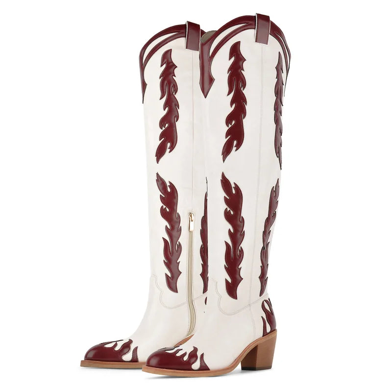 Western flame embellished block heel boots