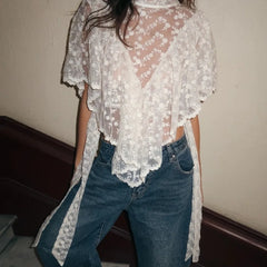 Floral Lace Mock Neck Asymmetrical Hem Top