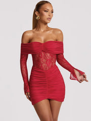 Off-shoulder Lace See Through Long Sleeve Ruched Mini Dress