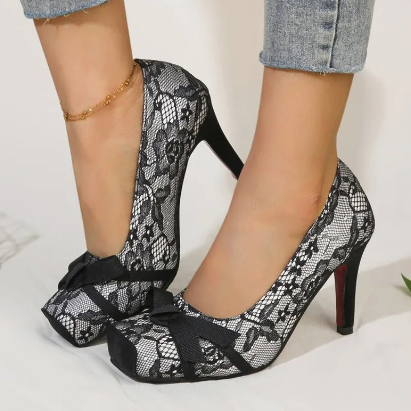Lace bow square toe high heels on model