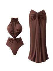 Brown ruched bodysuit and maxi skirt flat lay.