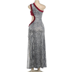Snake Print Cut Out One Shoulder Maxi Dress
