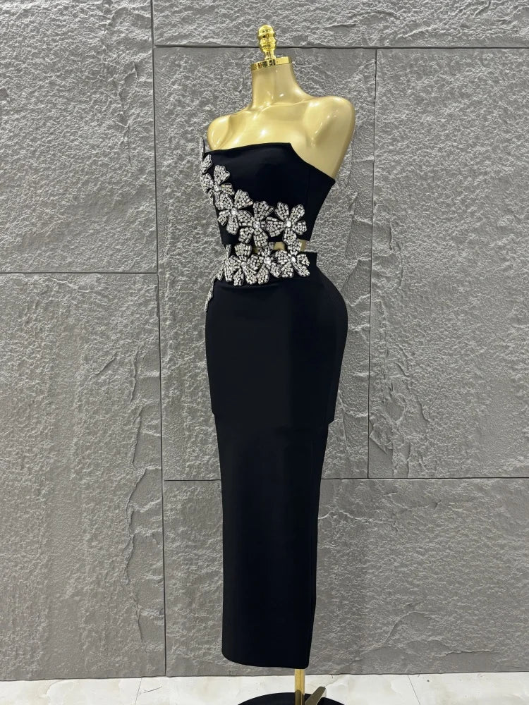 Black diamond flower two-piece bodycon long dress.

