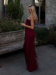 Burgundy Strapless Fringed Maxi Dress