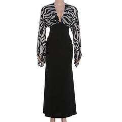 Black Zebra Print V-Neck Flare Sleeve Maxi Dress