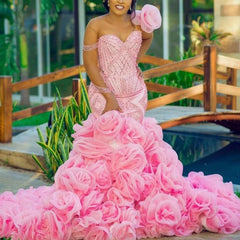 Pink Mermaid Flowers Appliques Ruffles Bottom Prom Dress