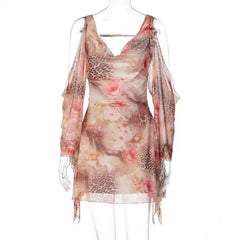 Ruched V-Neck Animal Floral Print Mini Dress