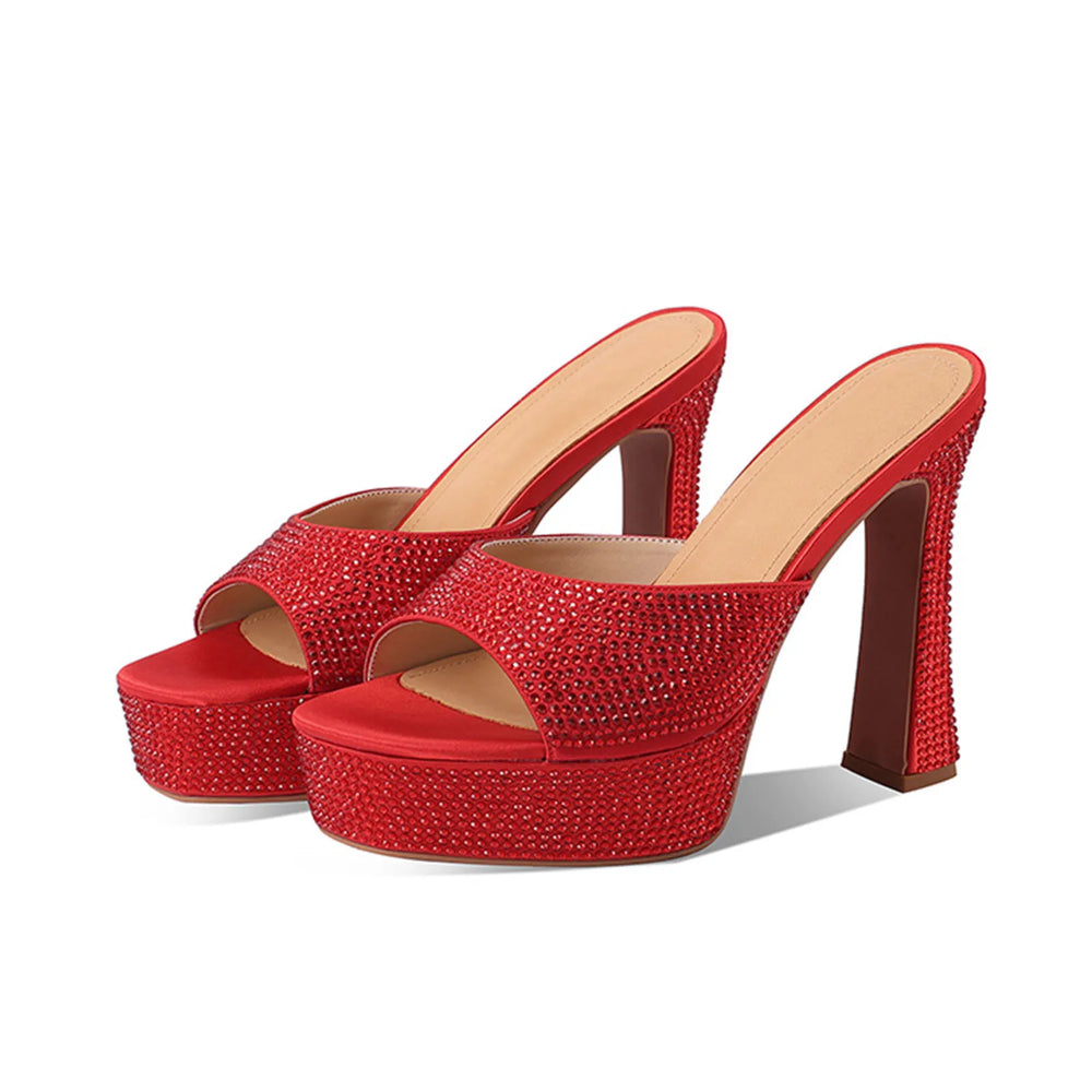 Red rhinestone platform block heel sandals