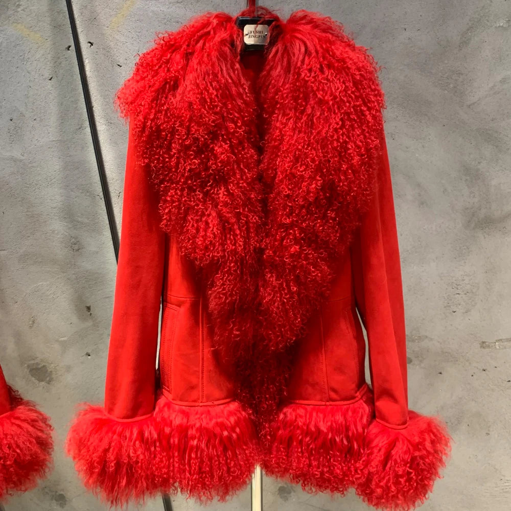 Red fur coat with a textured pattern on a gray background