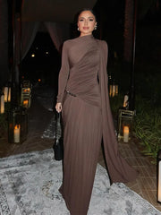 Brown One Shoulder Drape Body-con Dress