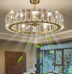 Crystal chandelier fan in a room with a modern interior design.