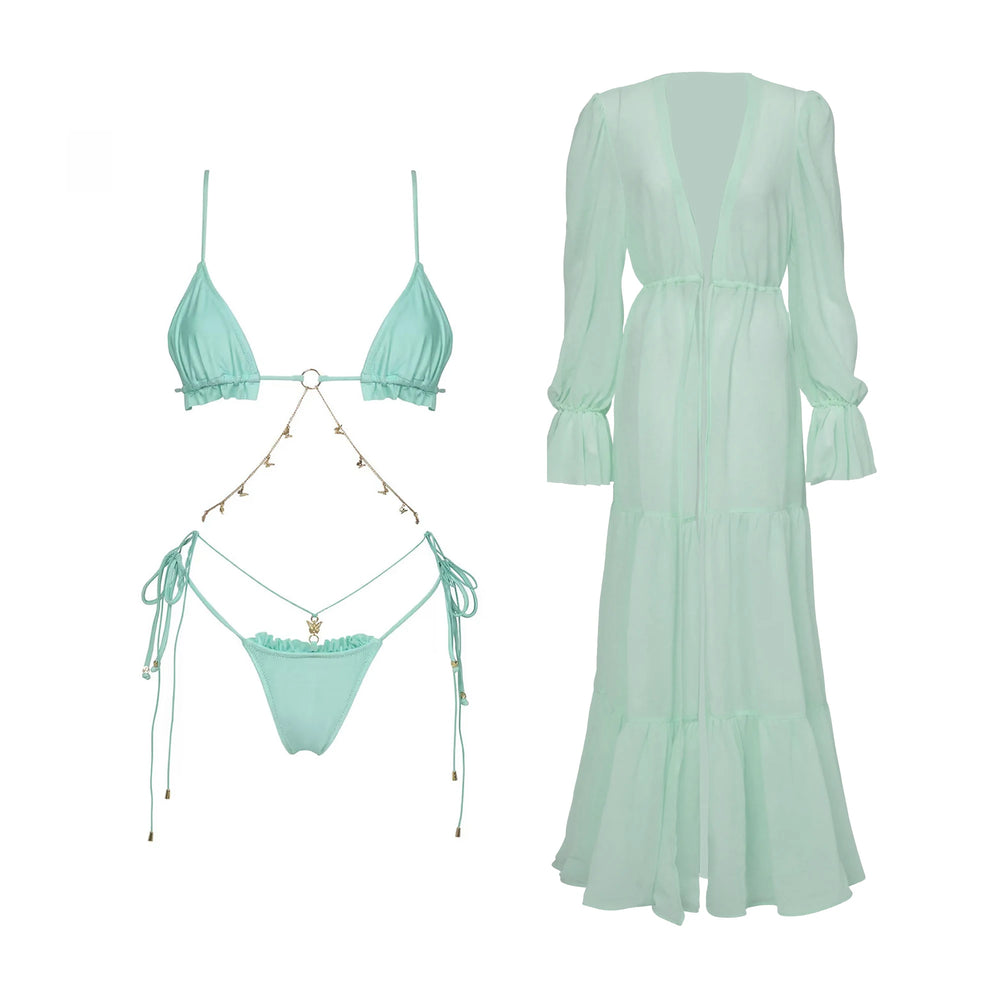Mint green bikini with gold chain detailing and matching floor-length cover-up