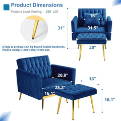 Velvet Accent Chair with Adjustable Armrests and Backrest And Ottoman