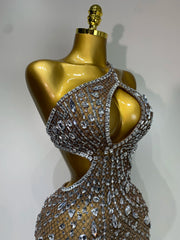 Crystal One Shoulder Mesh Bodycon Mini Dress