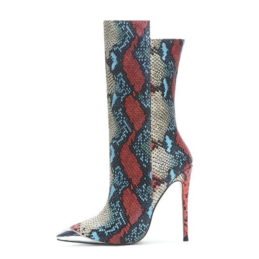 Close-up of a snake print pointed toe stiletto boot.