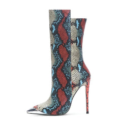 Close-up of a snake print pointed toe stiletto boot.
