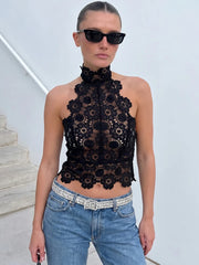 Lace mock neck halter crop top detail