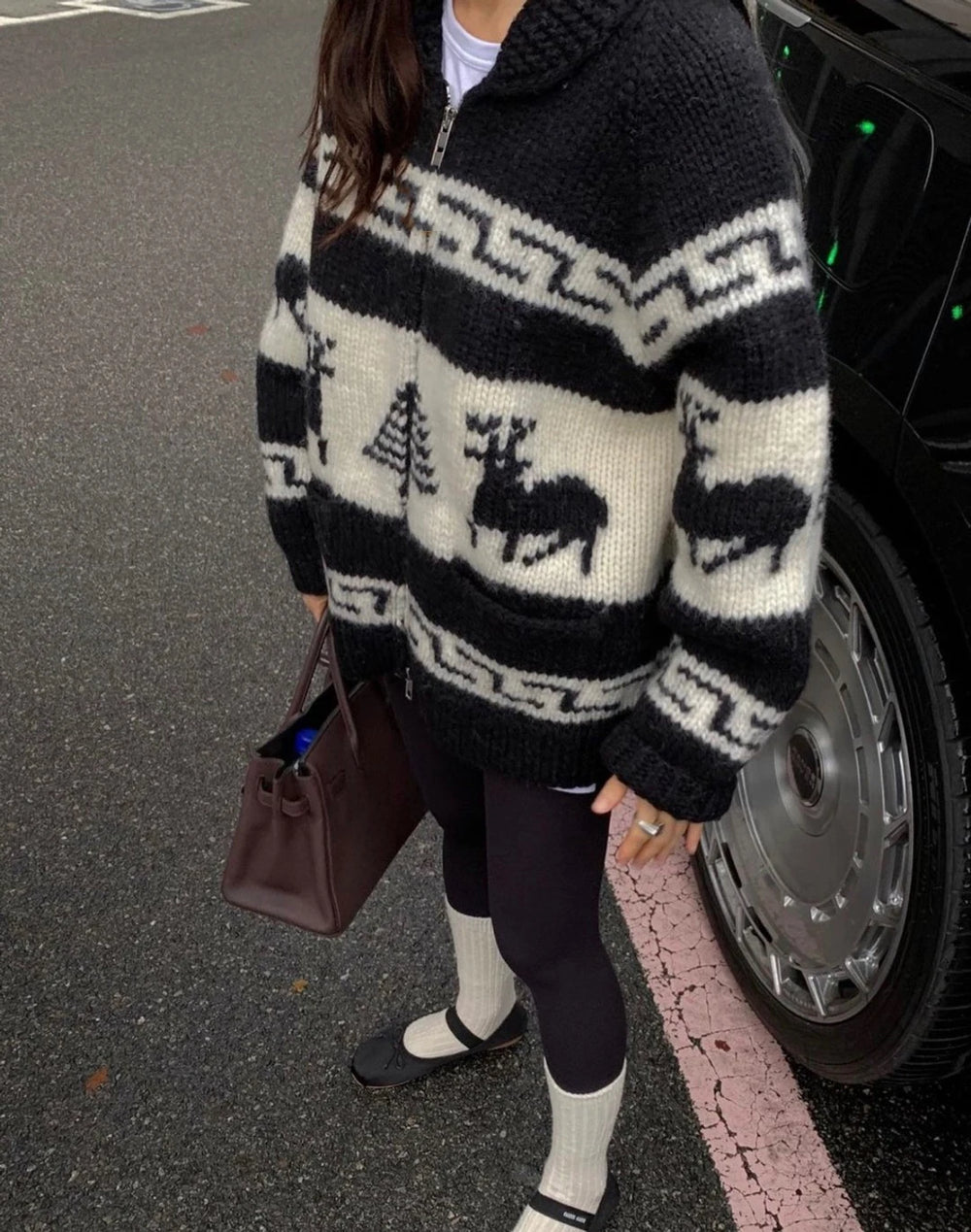 Person wearing a black and white patterned sweater with moose design, standing next to a car.