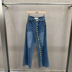 Patchwork Button Intricate Design Wide Leg Denim Pants