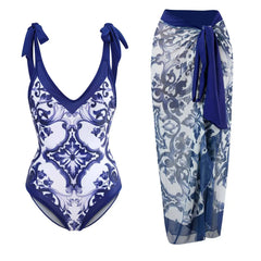 Bustier One-Piece Swimsuit and Wrap Skirt Set