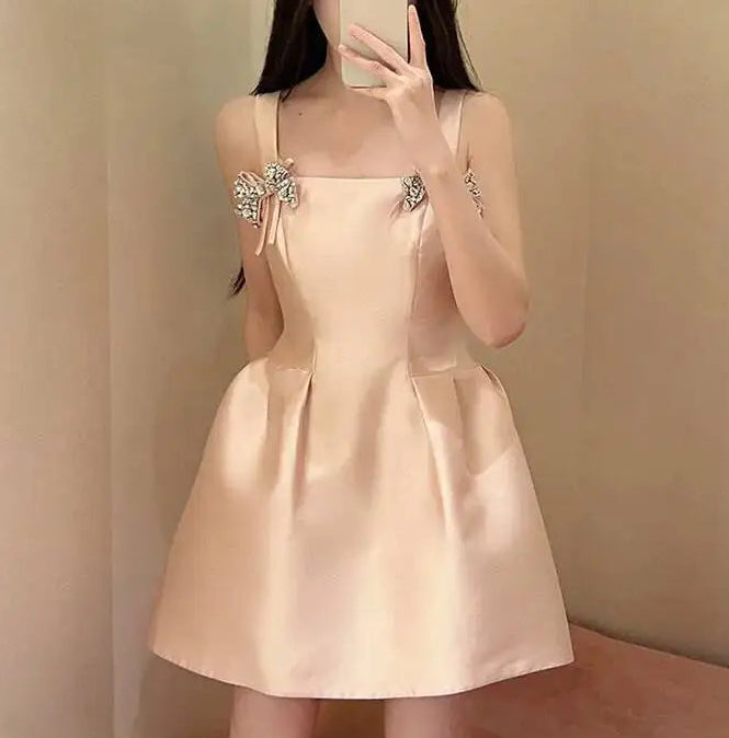 Diamond bow embellished strap square neck mini dress