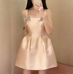 Diamond bow embellished strap square neck mini dress