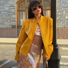 Snake Print Yellow Zip Biker Jacket