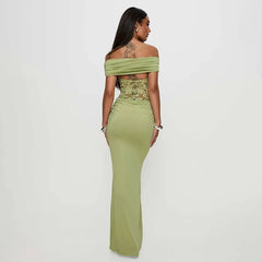 Off-shoulder Strapless Green Lace Sheer Long Dress