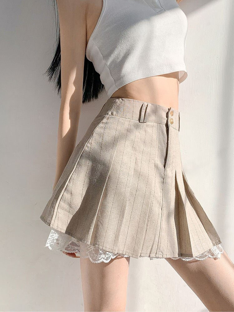 Khaki Pleated Lace Trim Preppy Style Button Up Mini Skirt