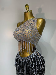 One-Shoulder Black Rhinestone Cut Out Maxi Dress