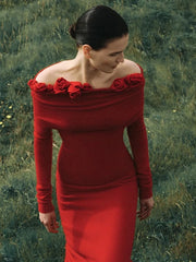 Woman wearing an Off-Shoulder 3D Flower Red Velvet Dress 