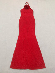 Red Rhinestone Halter Neck 3D Flower Maxi Dress.