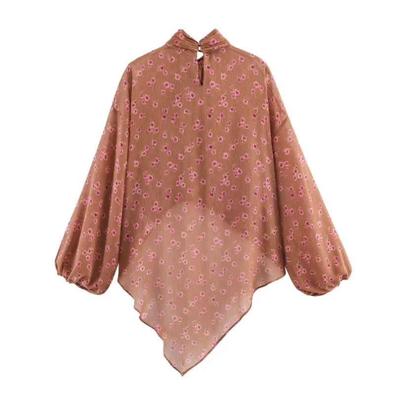 Floral print bow tie neck blouse back view