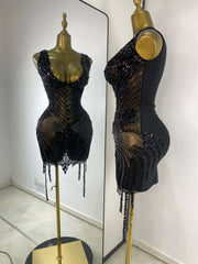 Deep Neck Embellished Mesh Sheath Mini Dress