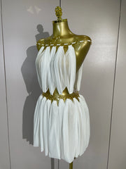 White halter neck mini dress with gold ring details, front view