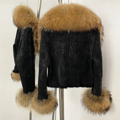 Real Fur Collar & Cuffs Suede Cropped Jacket