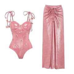 V-Neck Ruched Cut-Out Halter One-Piece Swimsuit and Maxi Skirt Set