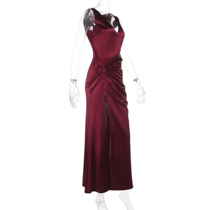 Maroon evening gown on a white background