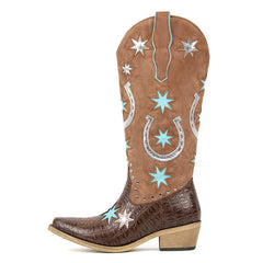 Brown cowboy boot with star and horseshoe designs on a white background