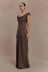 Off-Shoulder Cowl Neck Maxi Dress with Draped Front