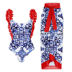 Ruffled Floral Print One-Piece Swimsuit and Maxi Skirt Set