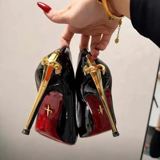 Pointed toe stiletto pumps with gold sword heel