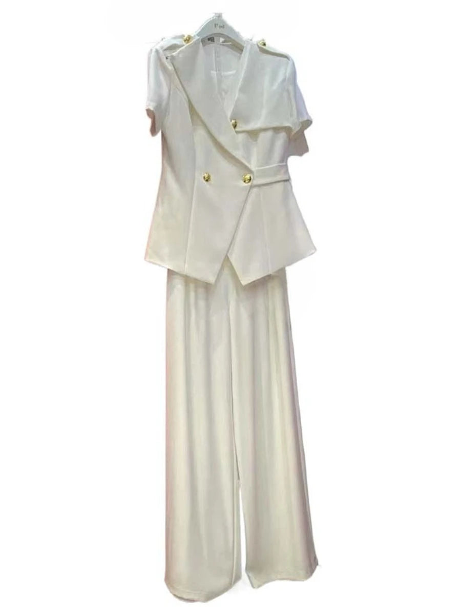 White suit with gold buttons on a white background