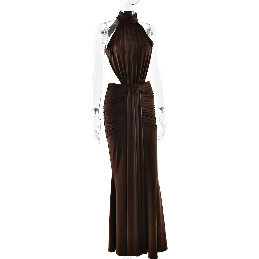 Brown evening gown on a mannequin against a white background