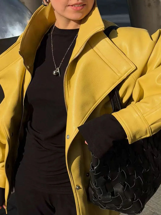 Yellow stand collar drawstring jacket detail